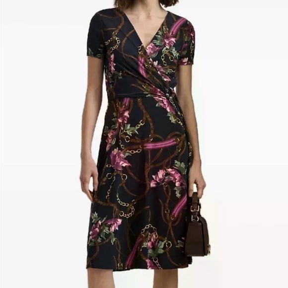 Raplph by Ralph Lauren Surplice Dress Navy Floral Belt Print 10P - Picture 2 of 10